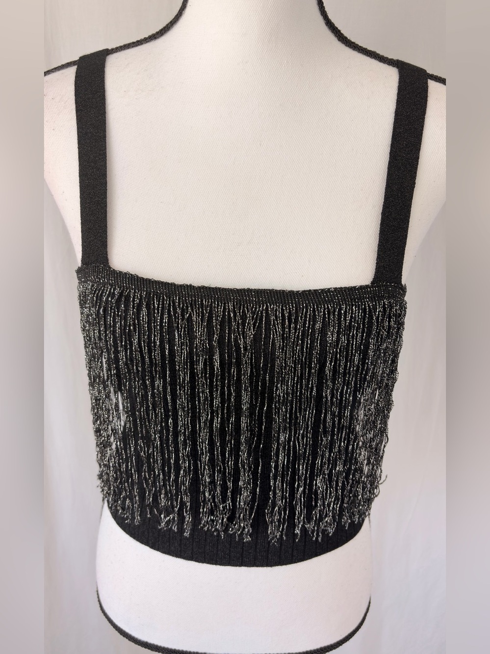 Fab’rik Black Silver Metallic Fringed Crop Ribbed Square Neck Tank Top Sz Medium - Picture 7 of 17